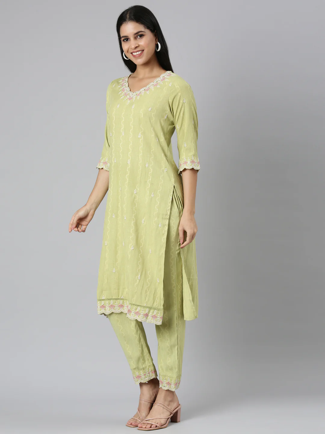 Neerus Green Regular Straight threadwork Kurta And Trousers With Dupatta - Image 2