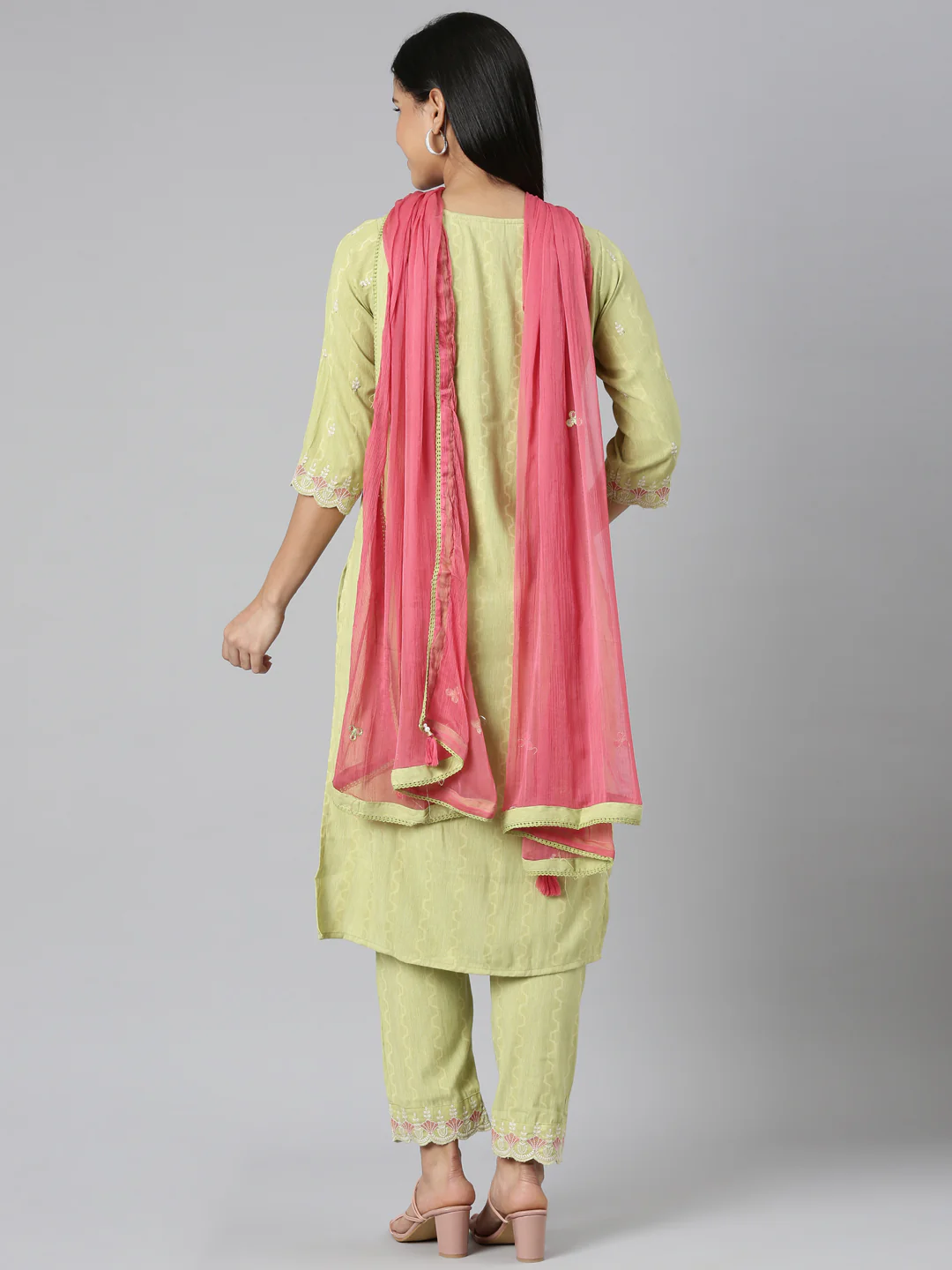 Neerus Green Regular Straight threadwork Kurta And Trousers With Dupatta - Image 3