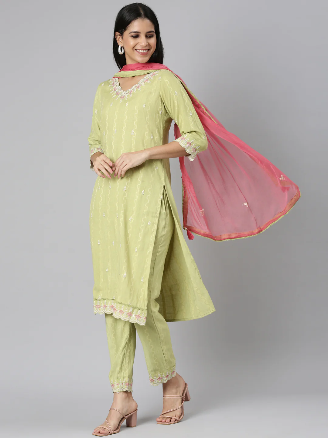 Neerus Green Regular Straight threadwork Kurta And Trousers With Dupatta - Image 5