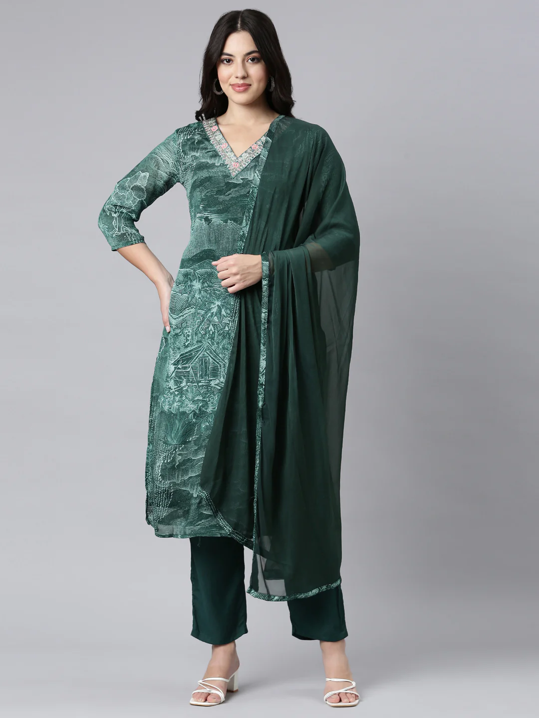 Neerus Green Regular Straight Tribal Kurta And Trousers With Dupatta - Image 5