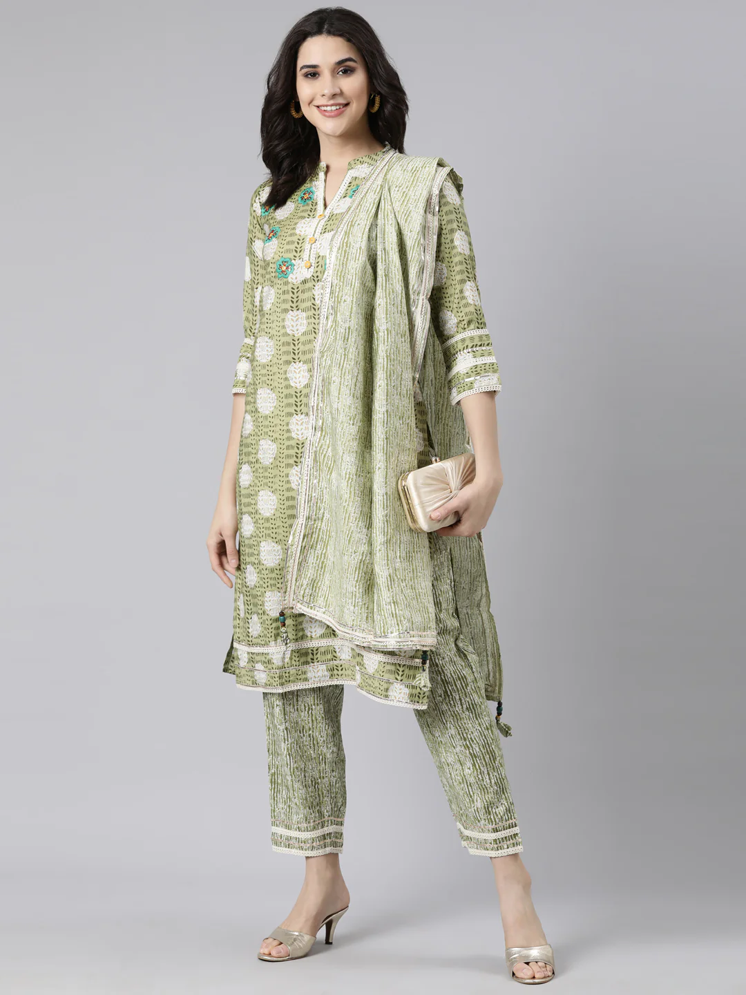Neerus Green Regular Straight Woven Design Kurta And  Trousers With Dupatta - Image 4