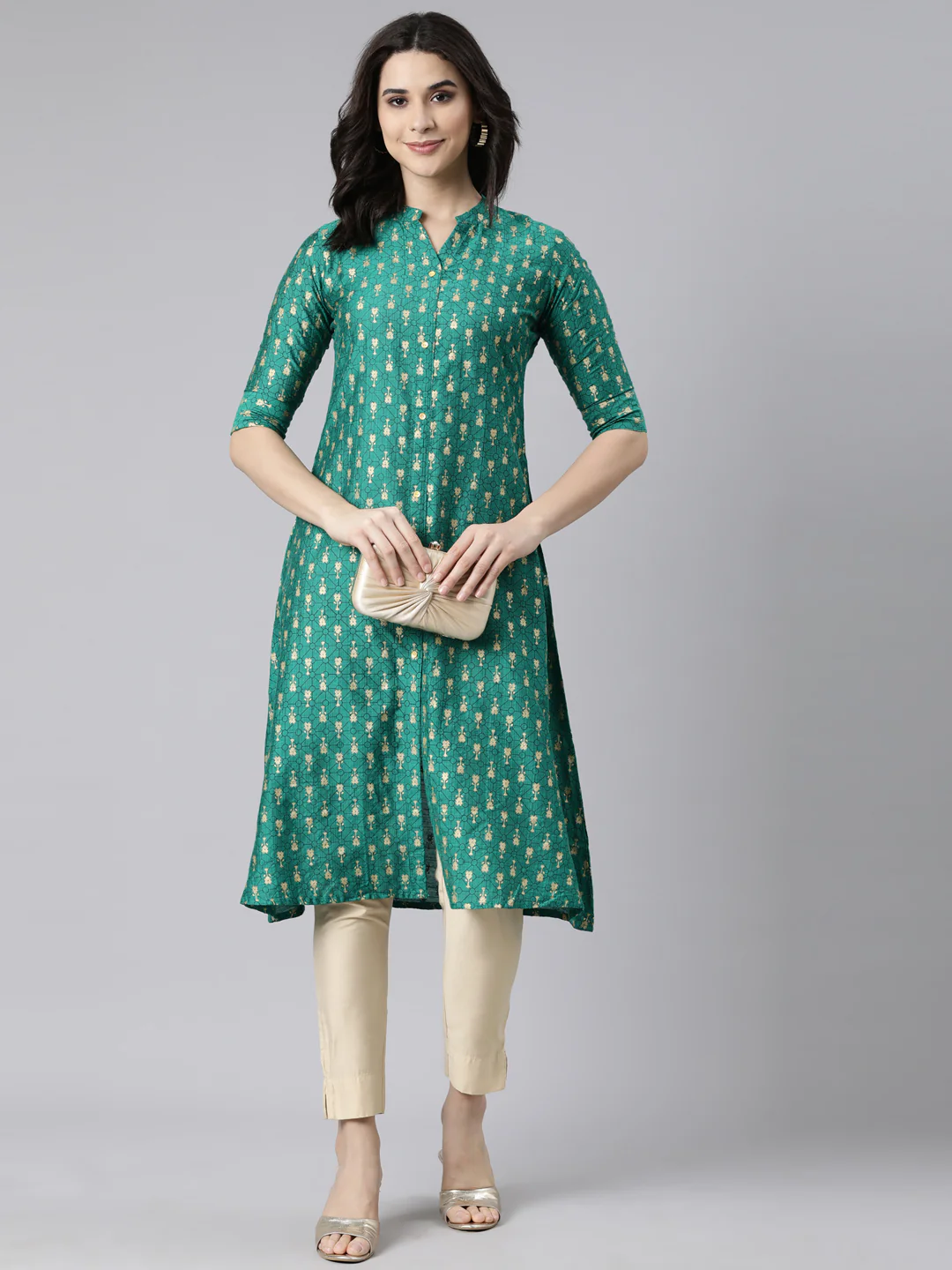 Neerus Green Regular Straight Woven Design Kurta - Image 4