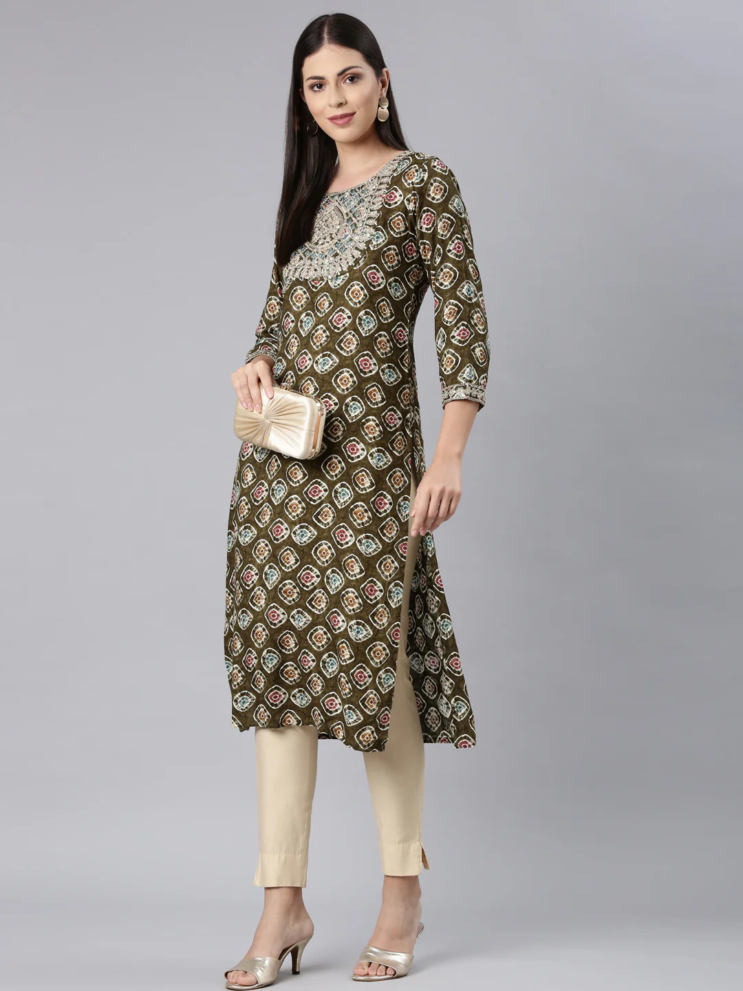 Neerus Green Straight Casual Embellished Straight Kurta - Image 6
