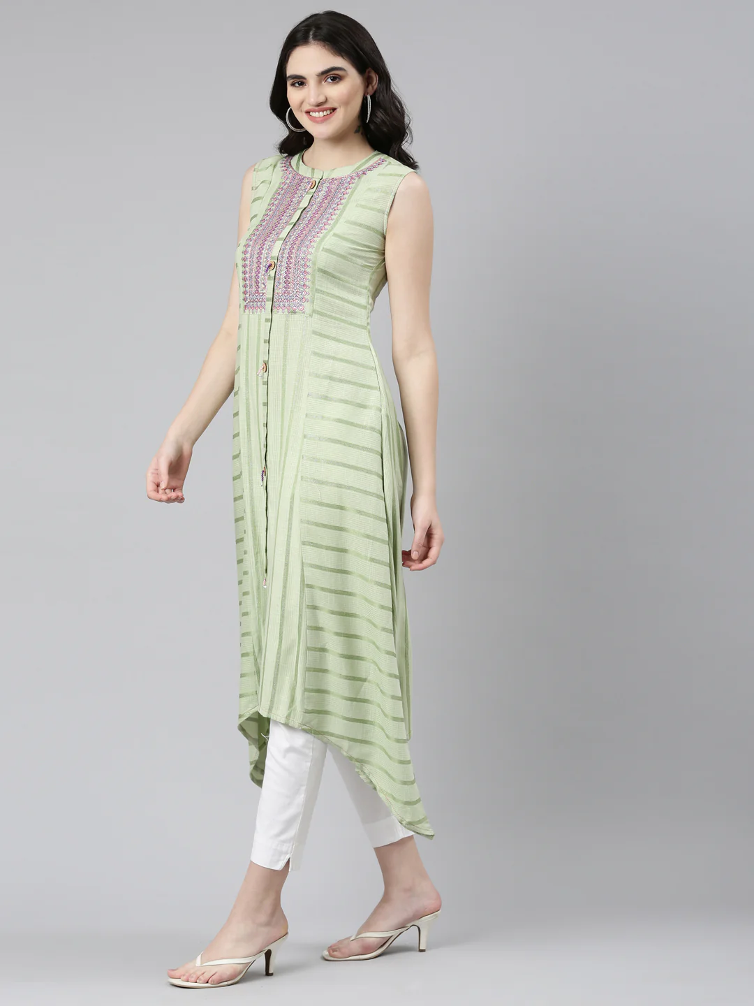 Neerus Green Straight Casual Embroidered Dress - Image 2
