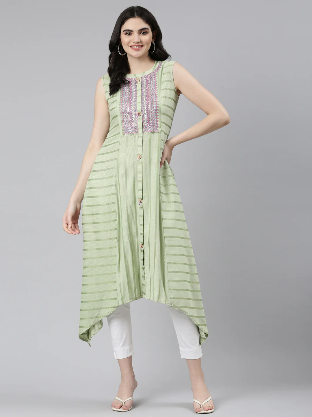 Neerus Green Straight Casual Embroidered Dress - Image 5