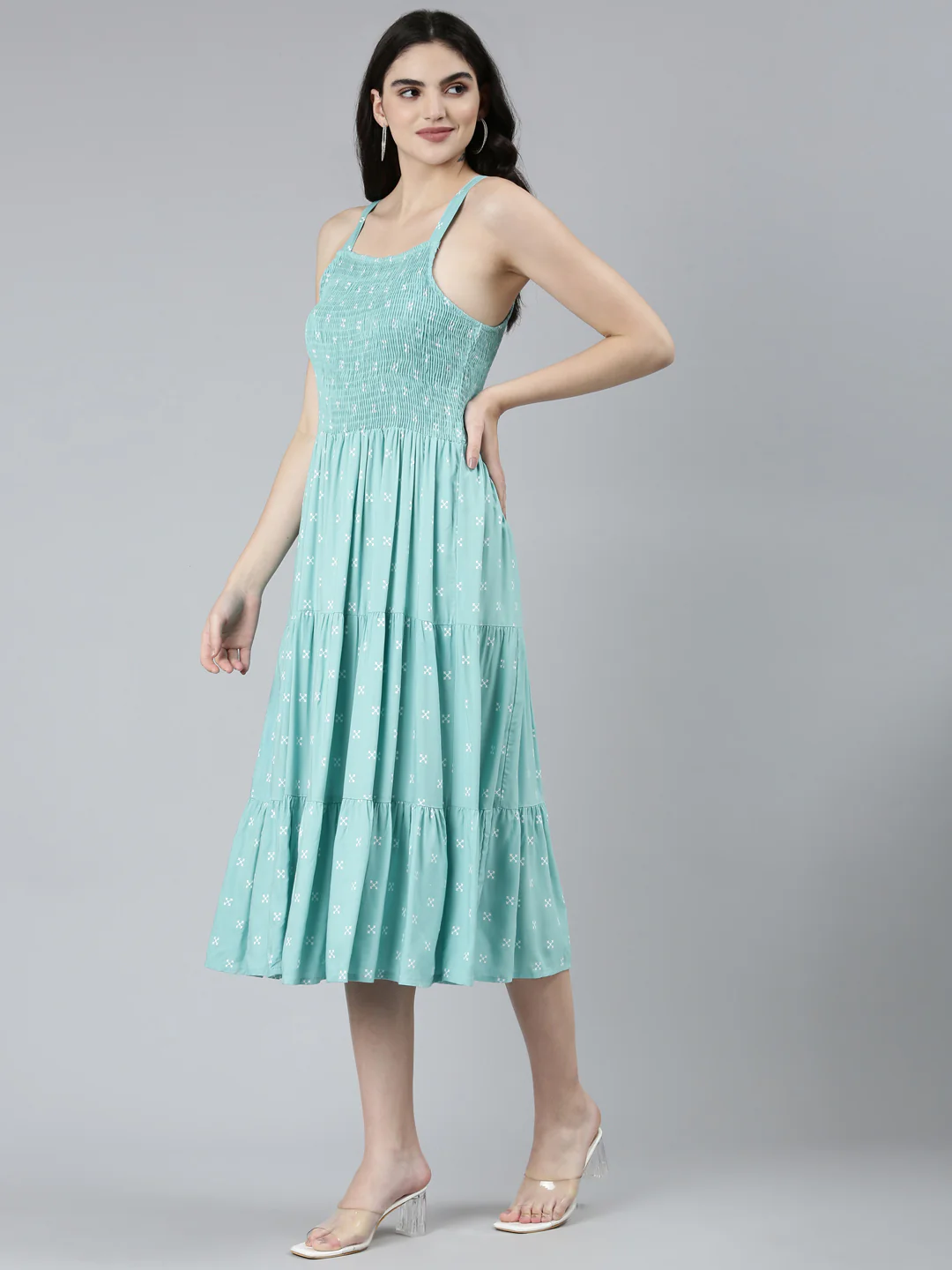 Neerus Green Straight Casual Floral Dresses - Image 2