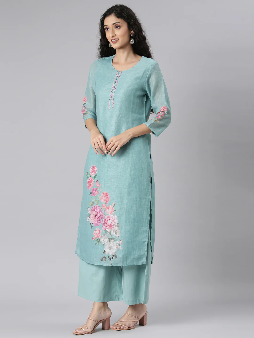 Neerus Green Straight Casual Floral Kurta and plazzo with Dupatta - Image 2