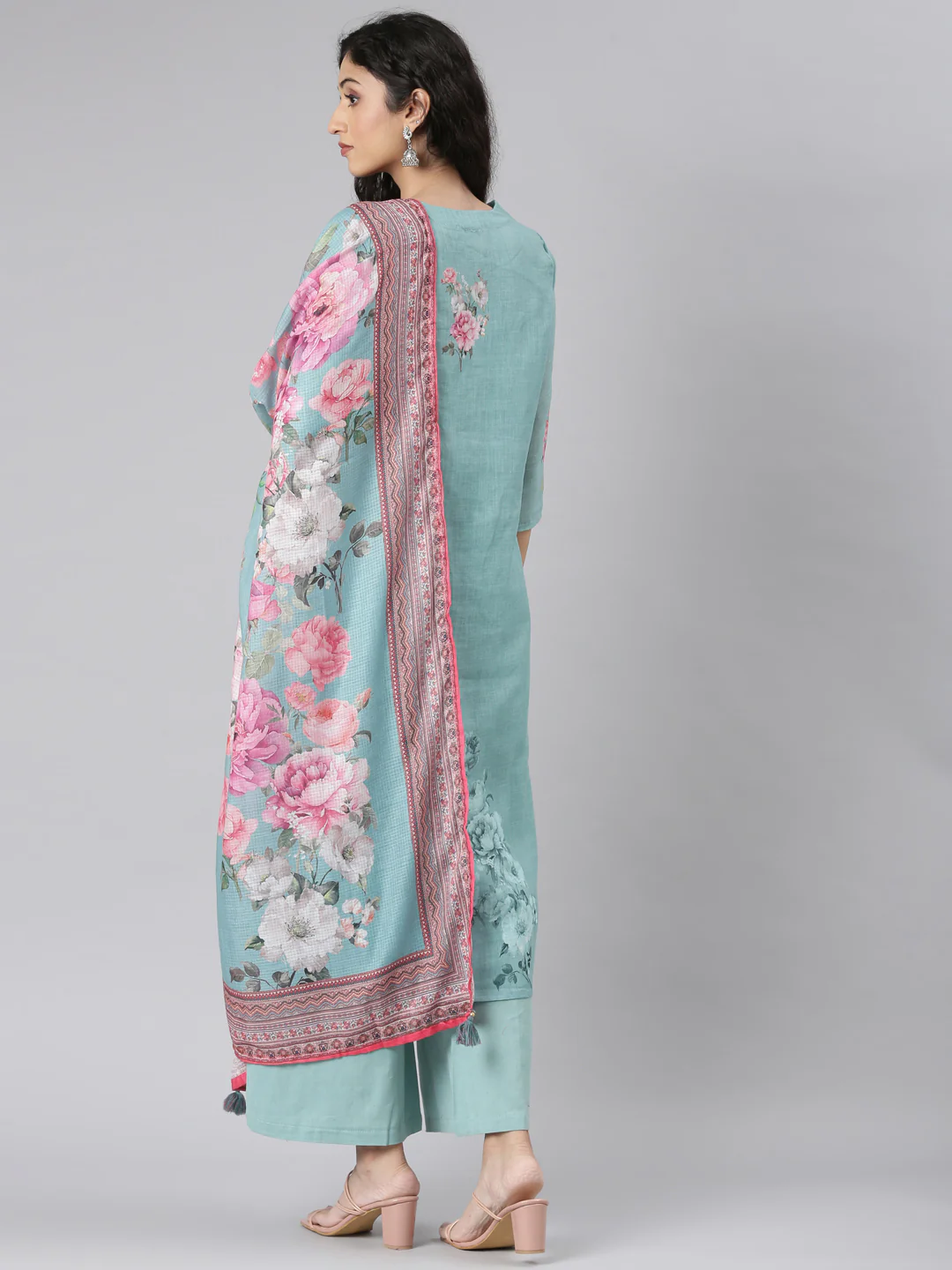 Neerus Green Straight Casual Floral Kurta and plazzo with Dupatta - Image 4