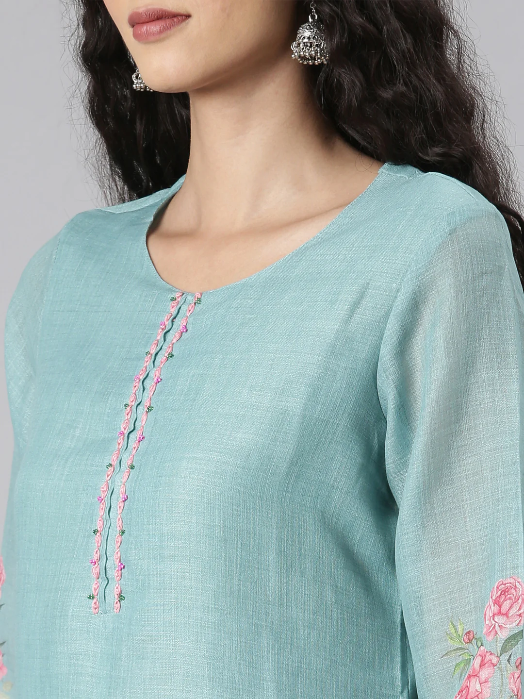 Neerus Green Straight Casual Floral Kurta and plazzo with Dupatta - Image 5