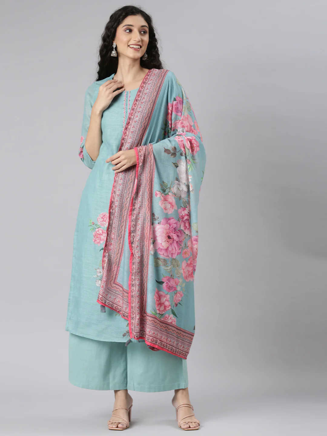 Neerus Green Straight Casual Floral Kurta and plazzo with Dupatta - Image 6