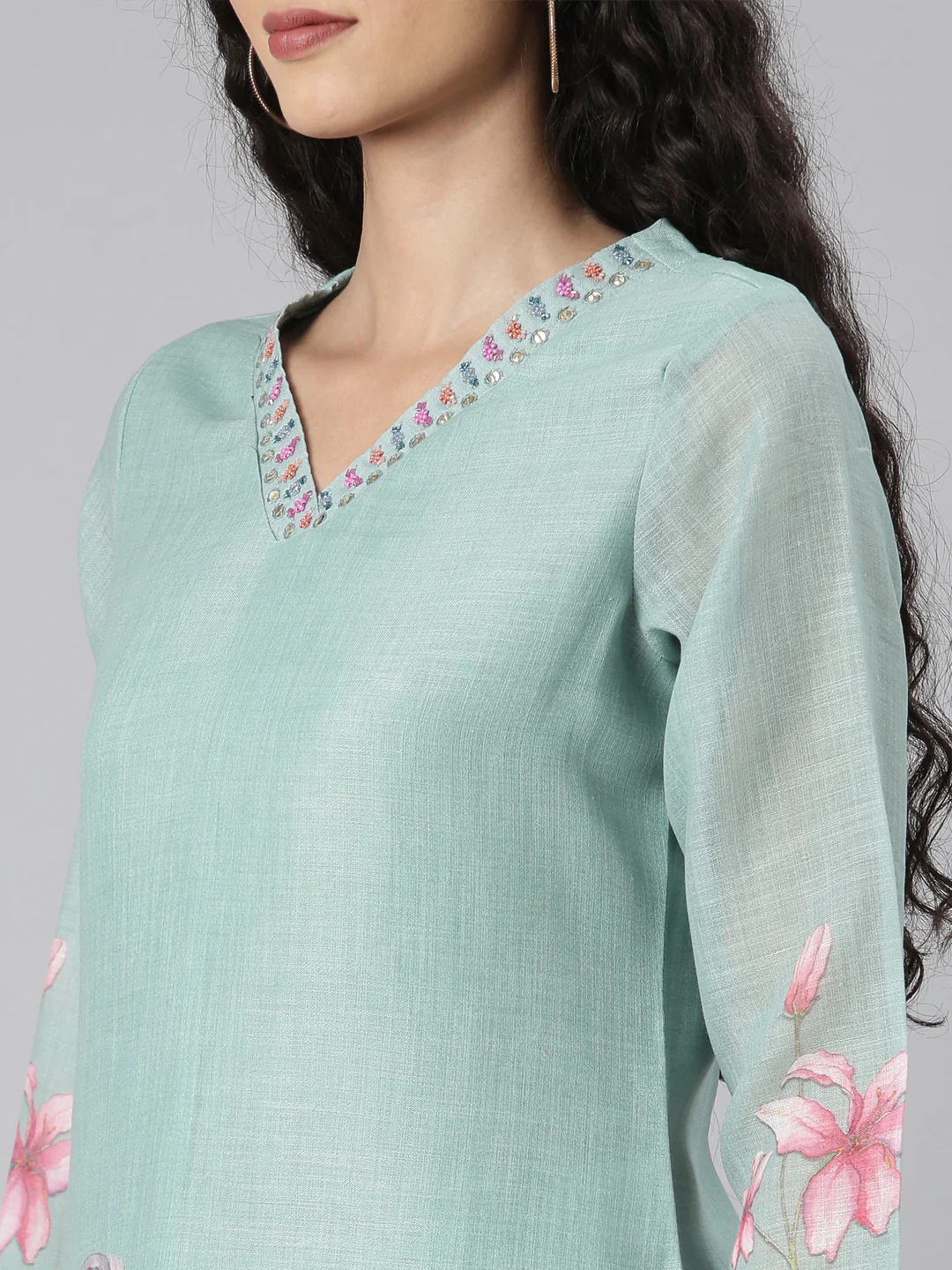Neerus Green Straight Casual Floral Kurta and plazzo with Dupatta - Image 2