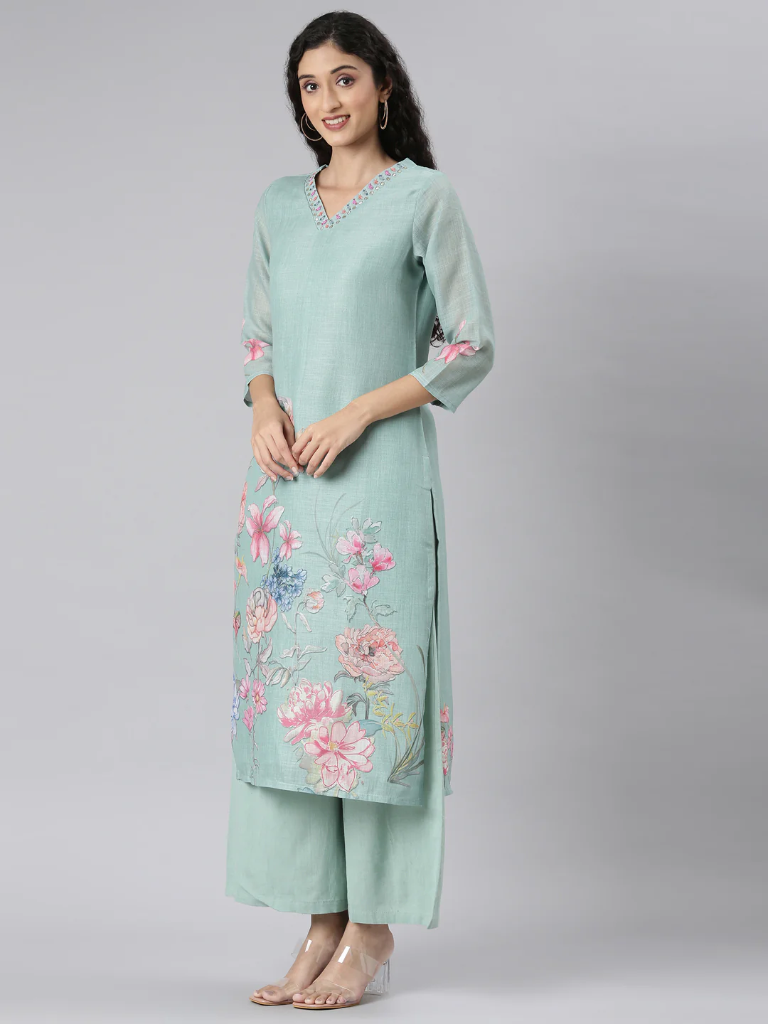 Neerus Green Straight Casual Floral Kurta and plazzo with Dupatta - Image 3