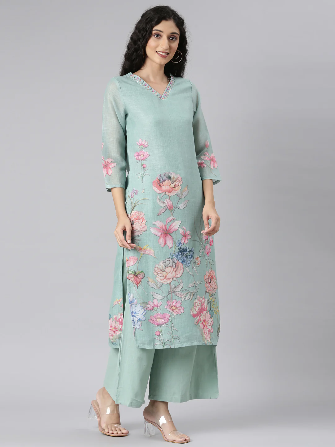 Neerus Green Straight Casual Floral Kurta and plazzo with Dupatta - Image 4