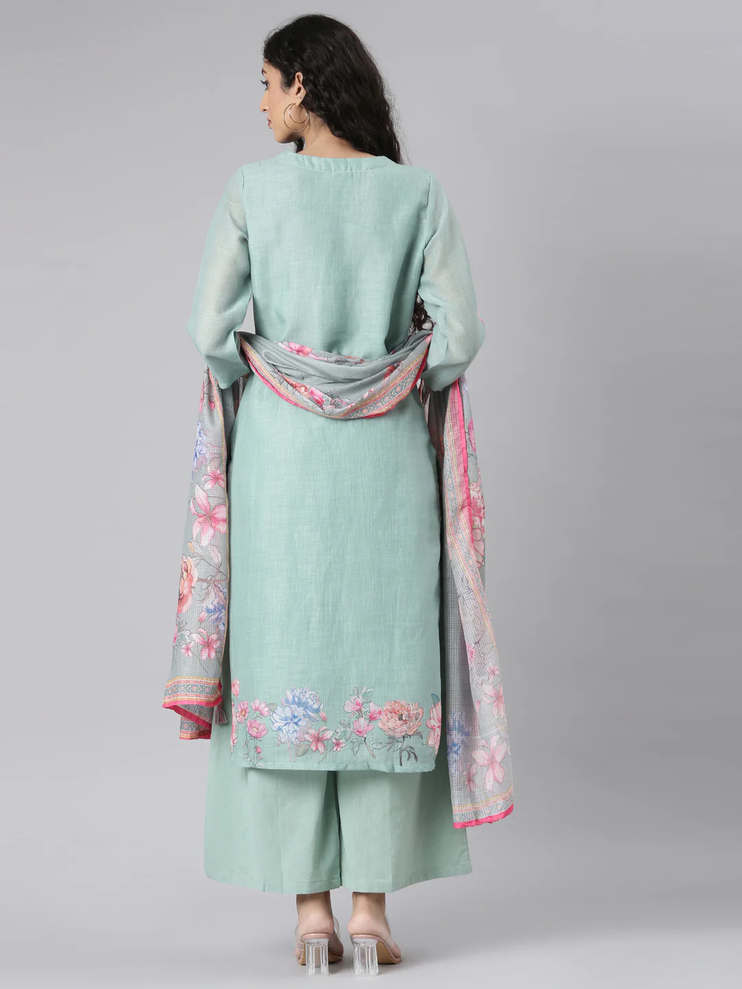 Neerus Green Straight Casual Floral Kurta and plazzo with Dupatta - Image 5