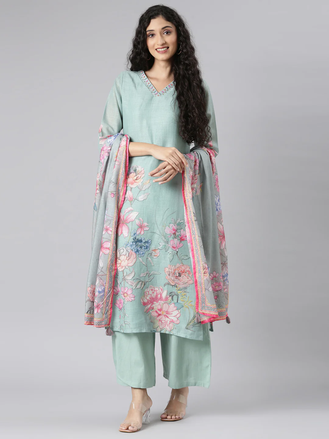Neerus Green Straight Casual Floral Kurta and plazzo with Dupatta - Image 6