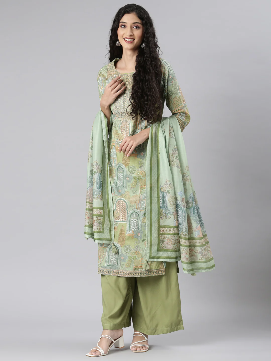 Neerus Green Straight Casual Floral Kurta and Plazzo with Dupatta - Image 6