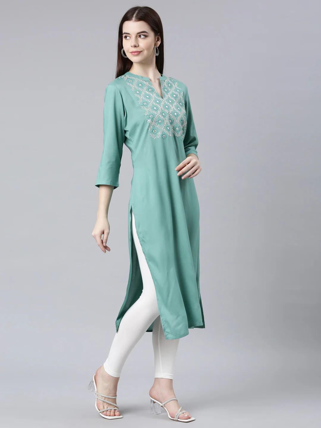 Neerus Green Straight Casual Floral Straight Kurta - Image 3