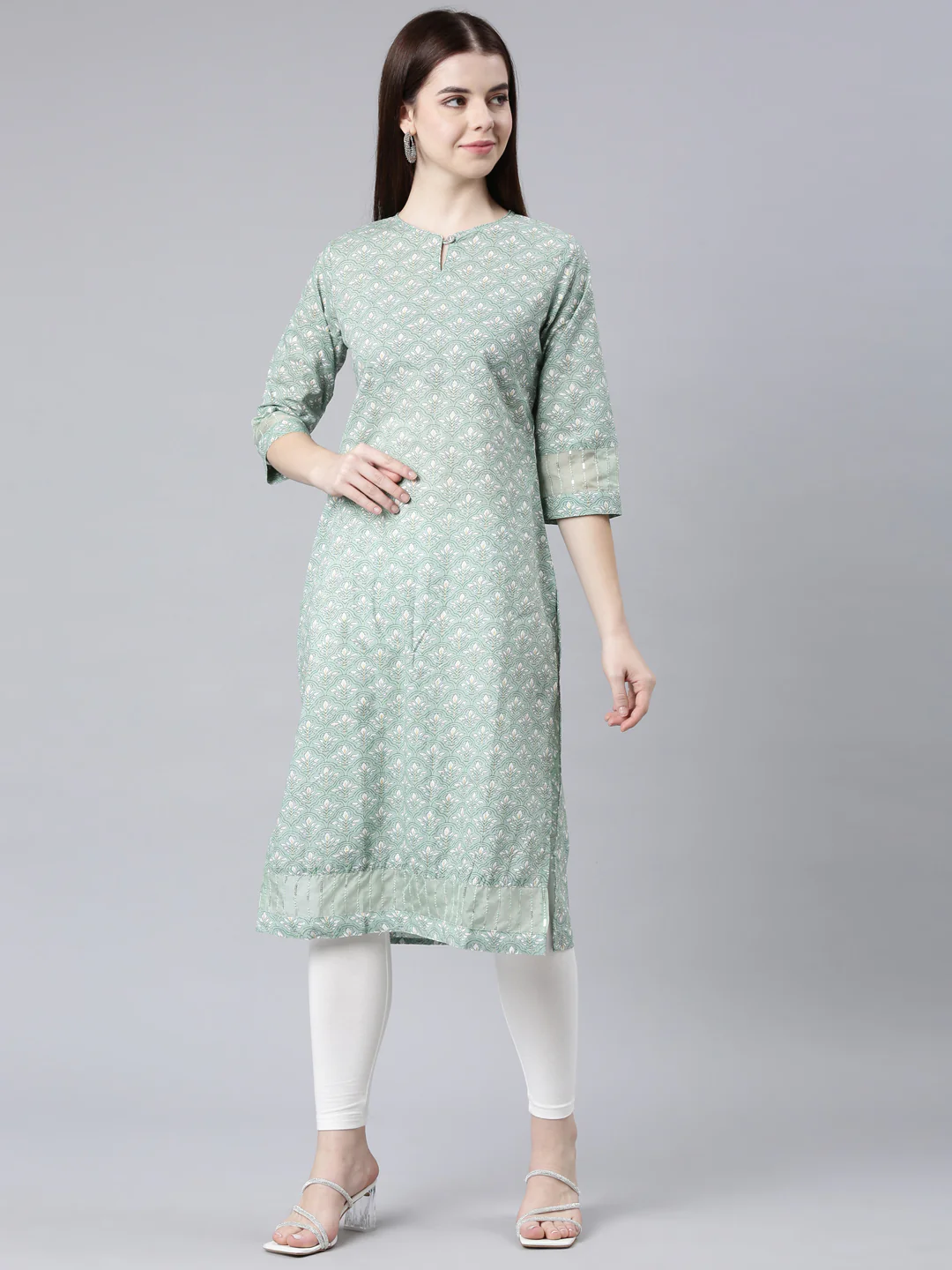 Neerus Green Straight Casual Floral Straight Kurta - Image 2