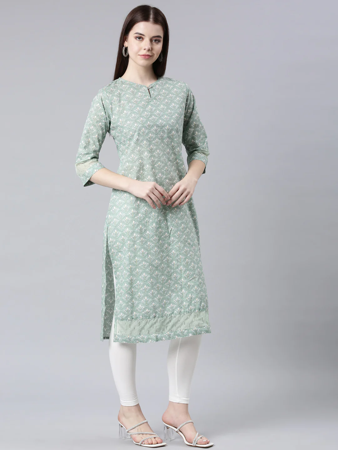 Neerus Green Straight Casual Floral Straight Kurta - Image 3