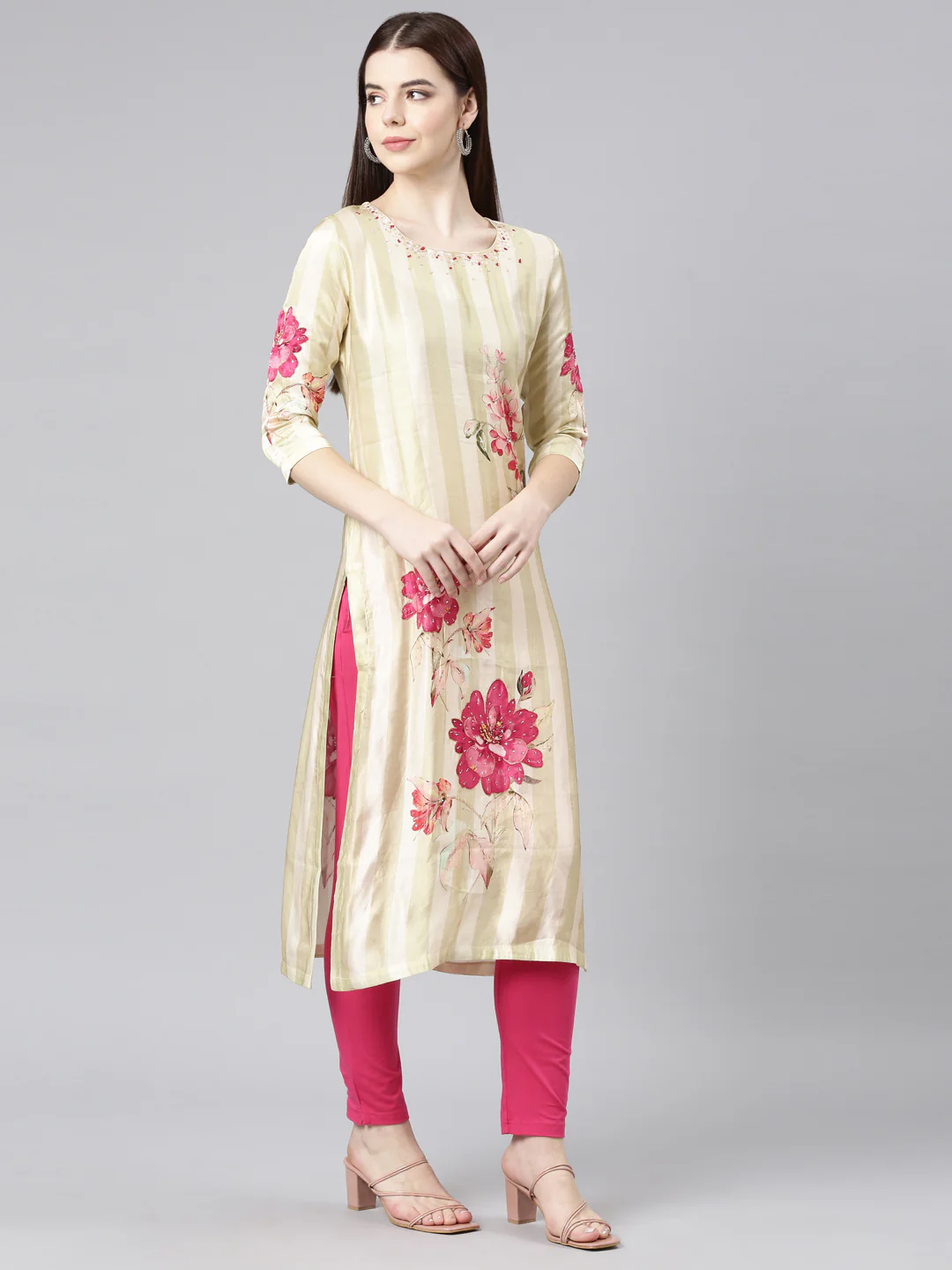 Neerus Green Straight Casual Floral Straight Kurta - Image 2