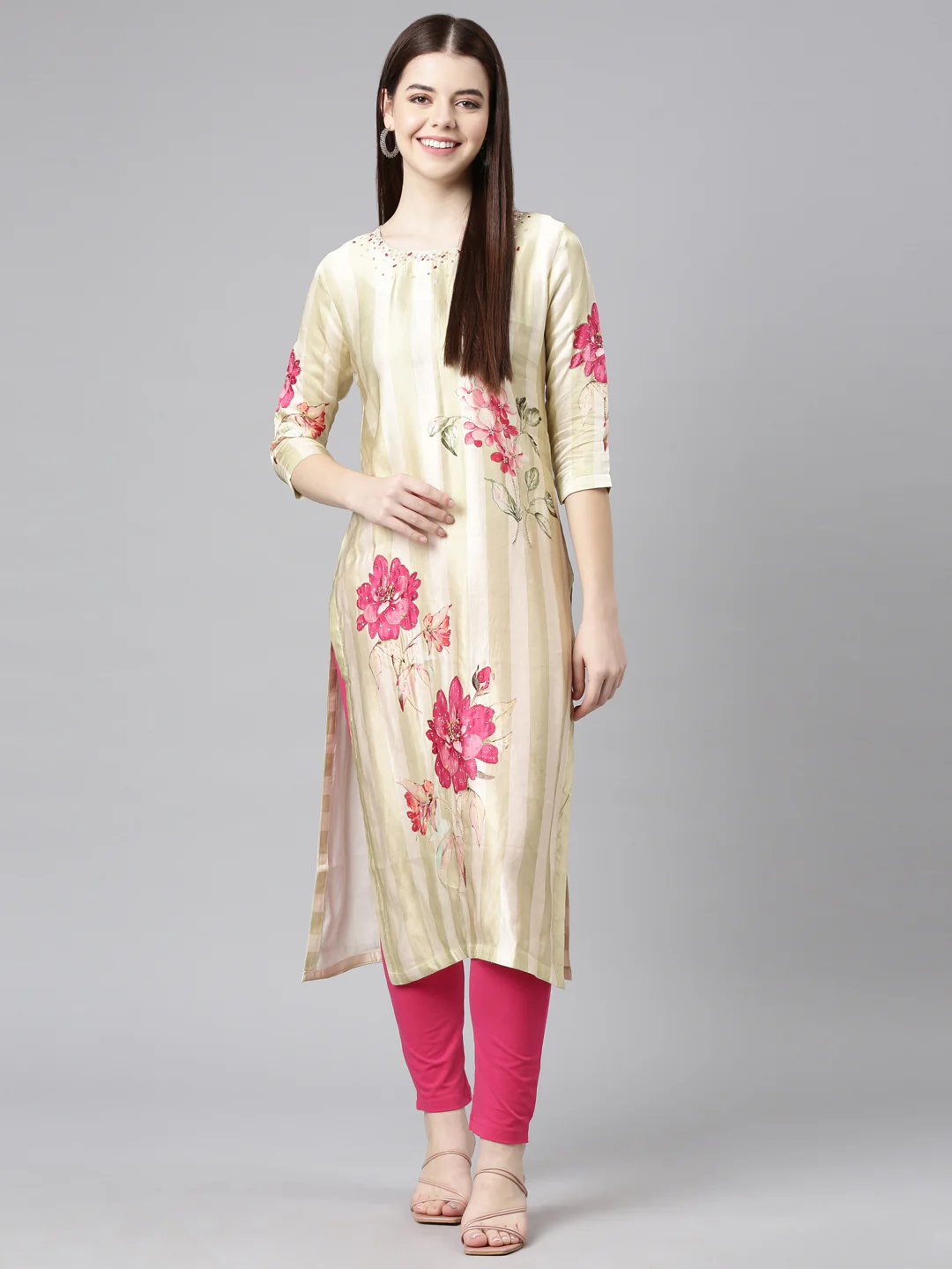 Neerus Green Straight Casual Floral Straight Kurta - Image 7