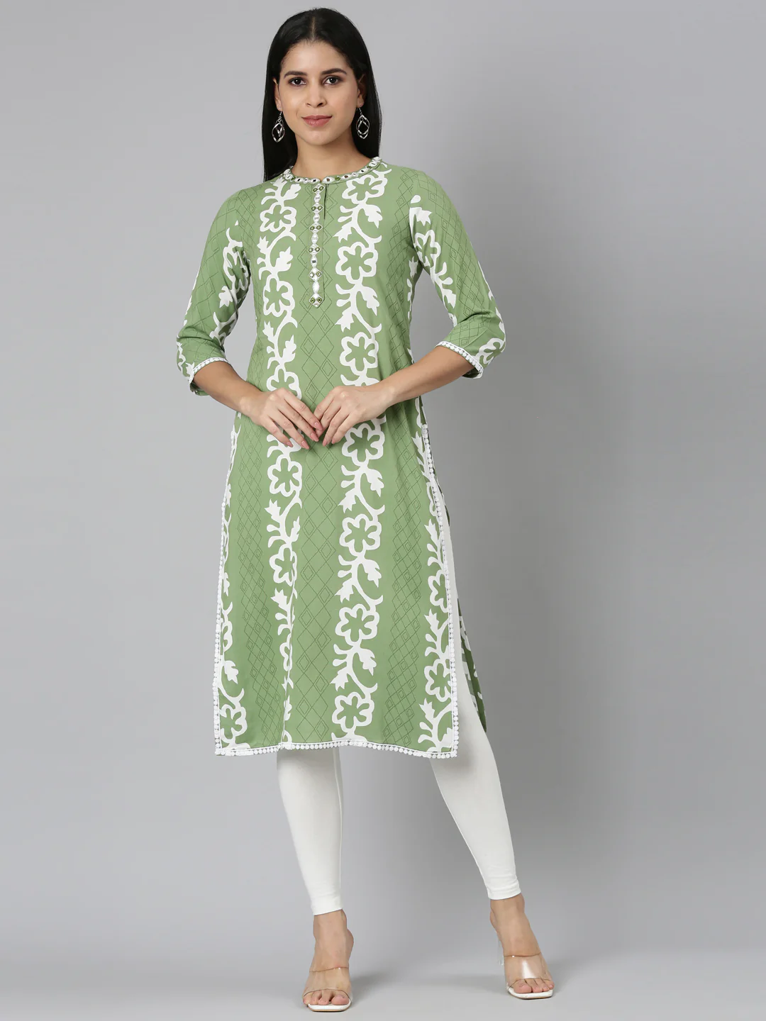 Neerus Green Straight Casual Floral Straight Kurta