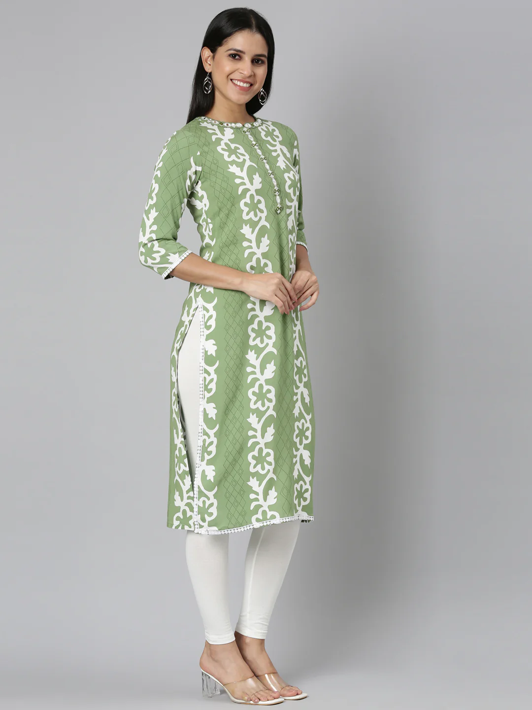 Neerus Green Straight Casual Floral Straight Kurta - Image 2