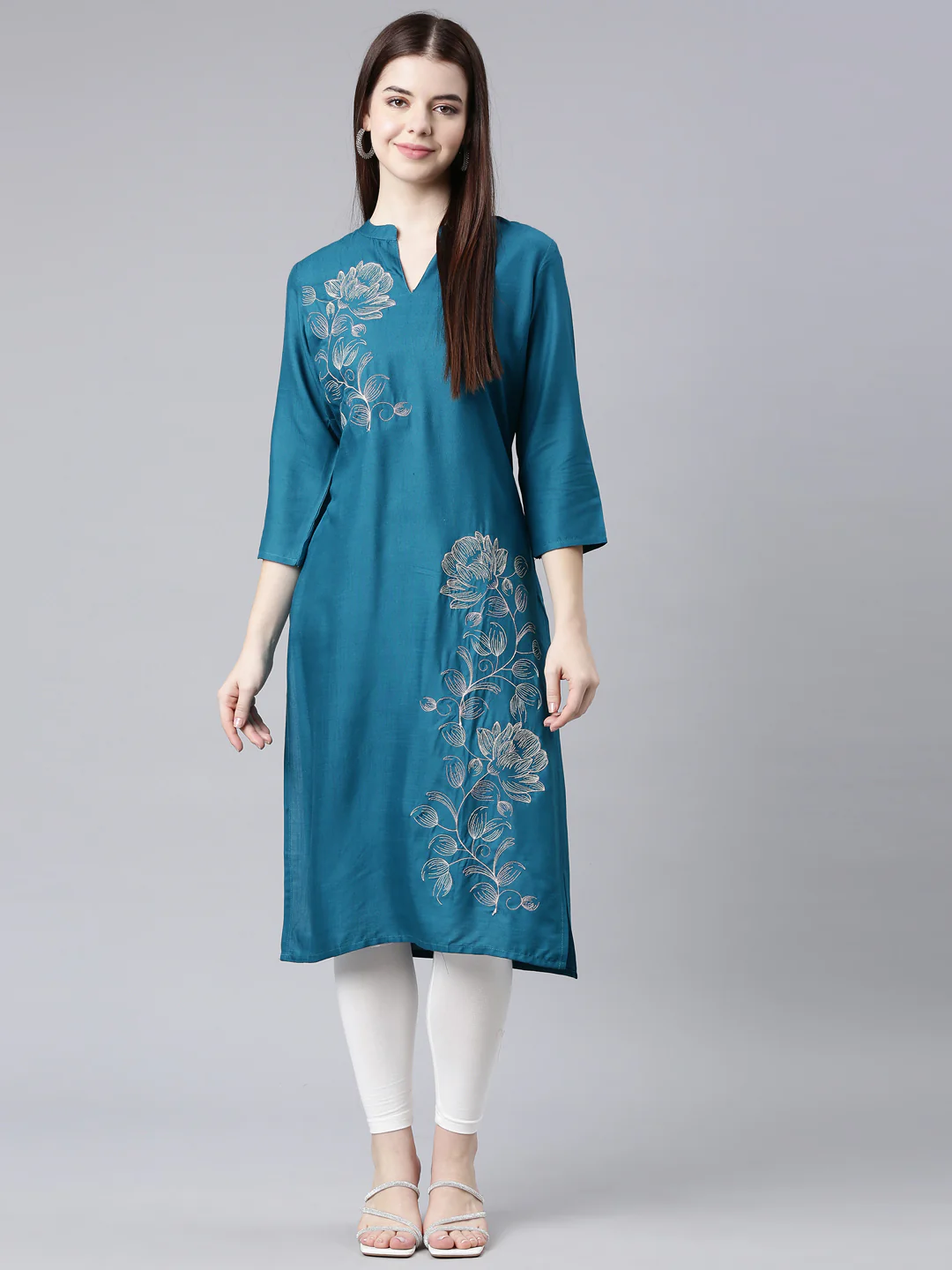 Neerus Green Straight Casual Floral Straight Kurta - Image 7