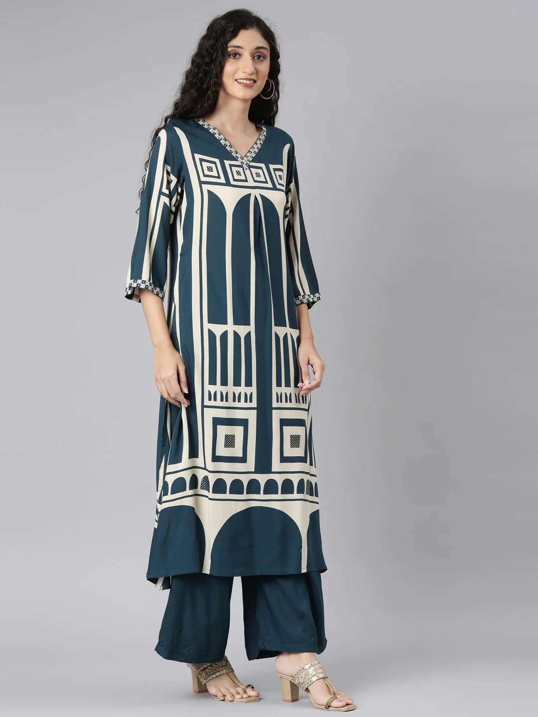 Neerus Green Straight Casual Kurta and Plazzo - Image 3
