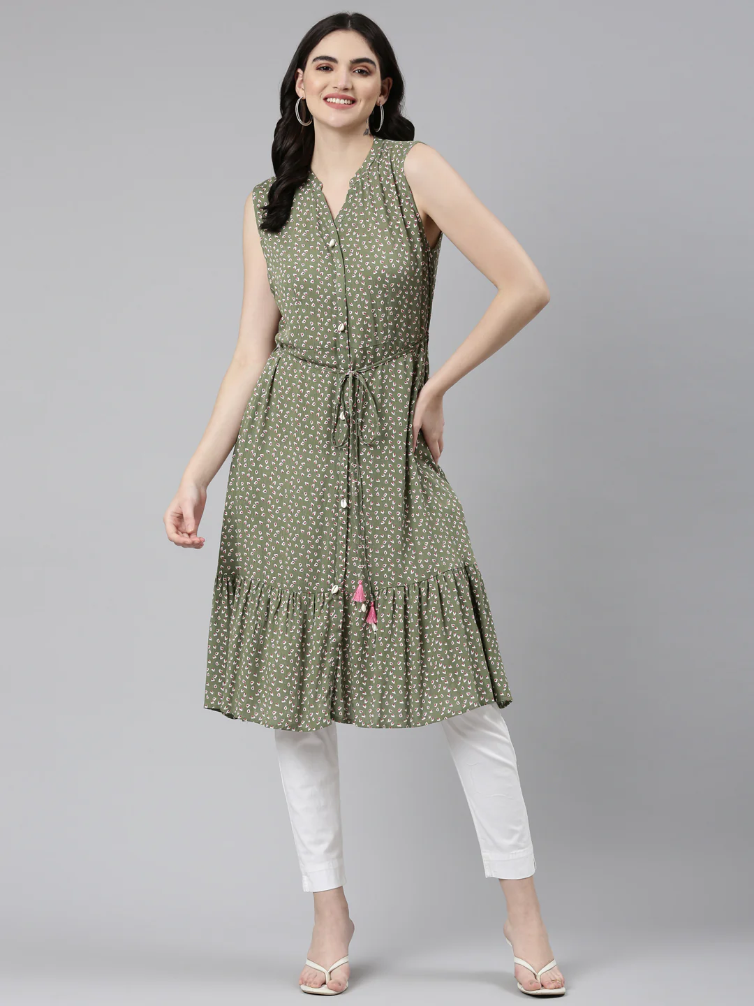Neerus Green Straight Casual Printed Dress - Image 5