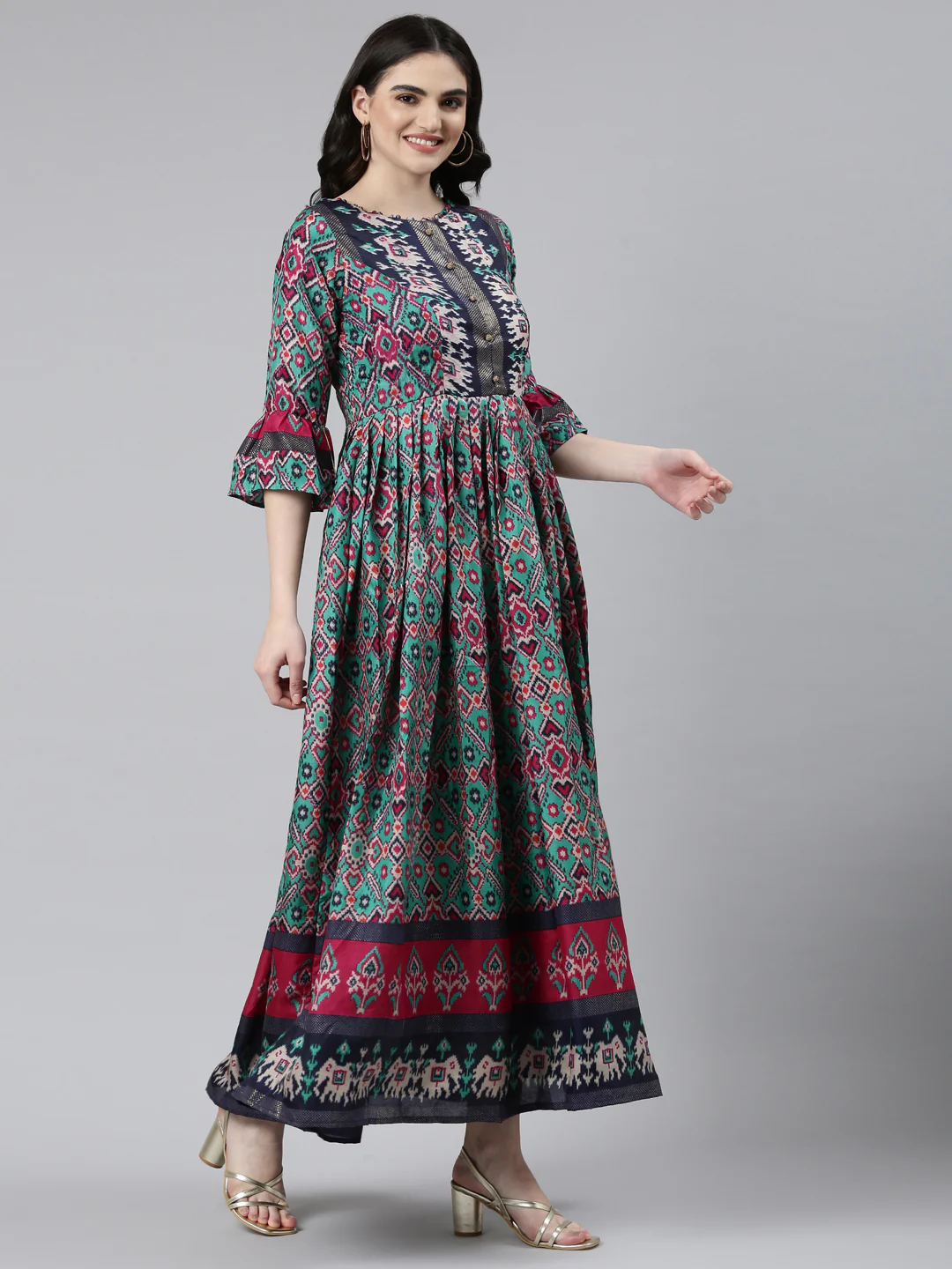 Neerus Green Straight Casual Printed Dress - Image 2