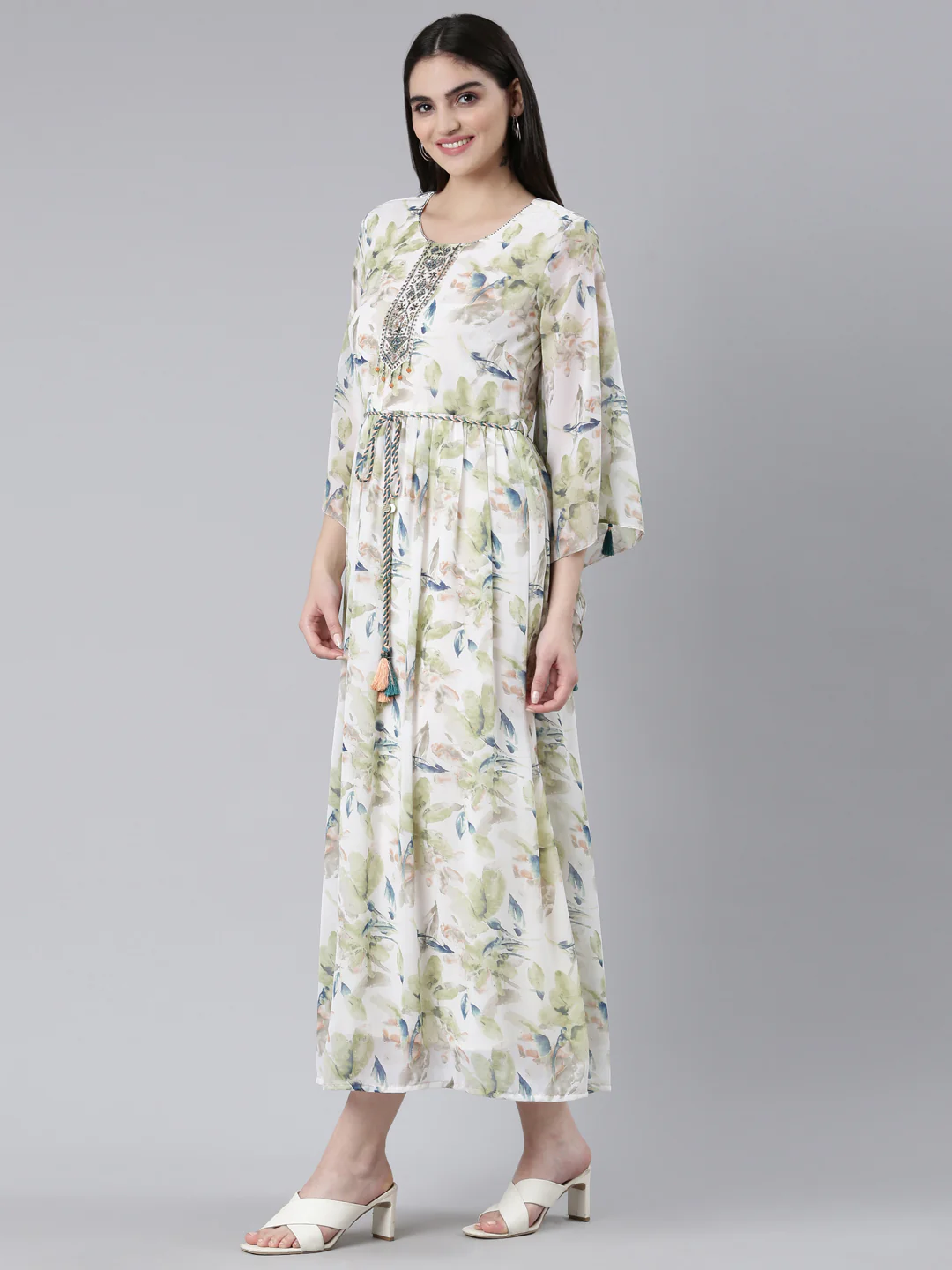 Neerus Green Straight Casual Printed Dress - Image 2