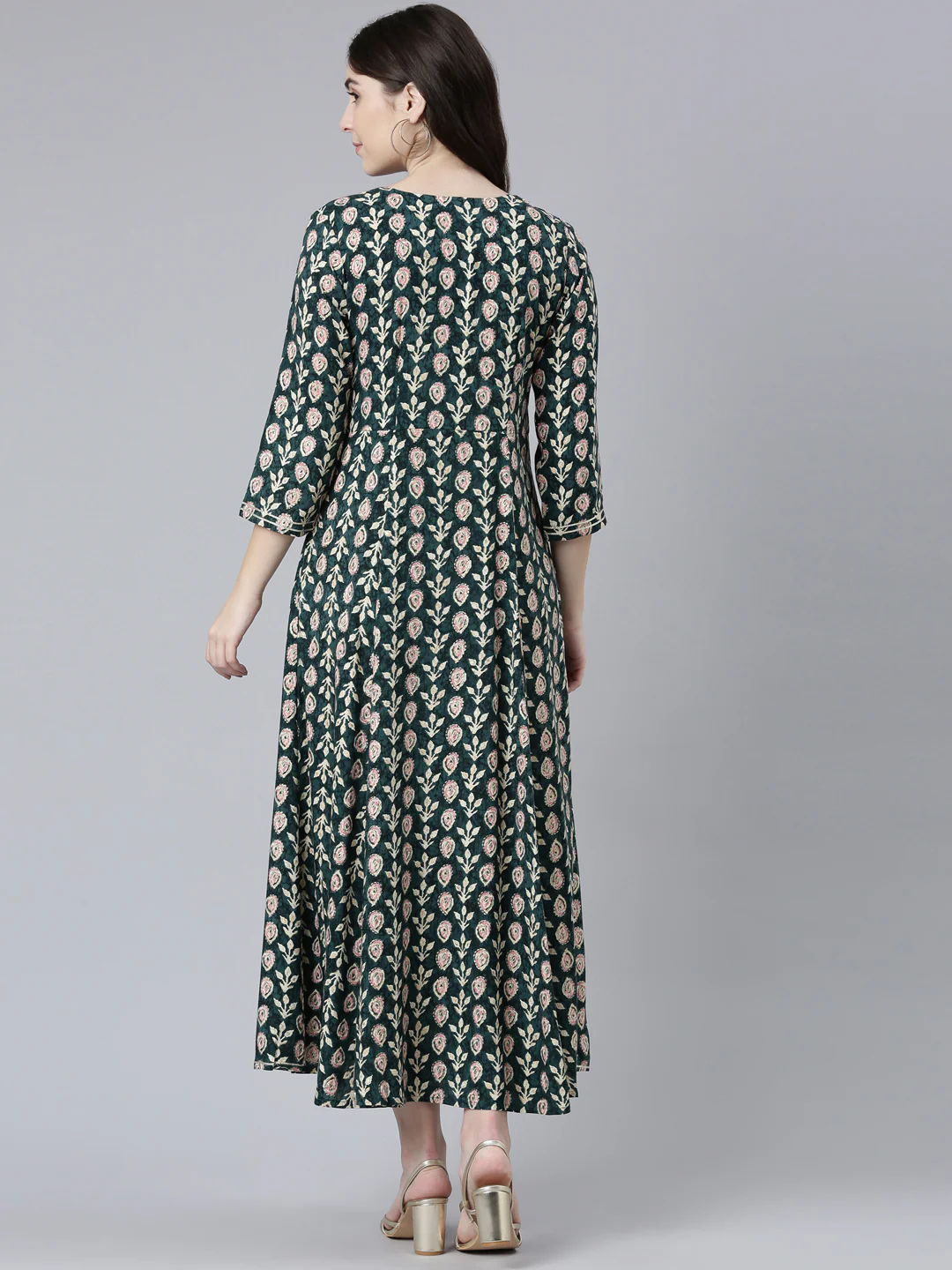 Neerus Green Straight Casual Printed Dress - Image 3