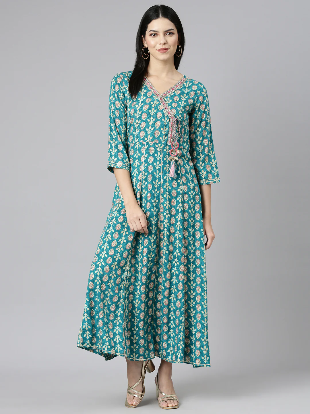 Neerus Green Straight Casual Printed Dress - Image 5
