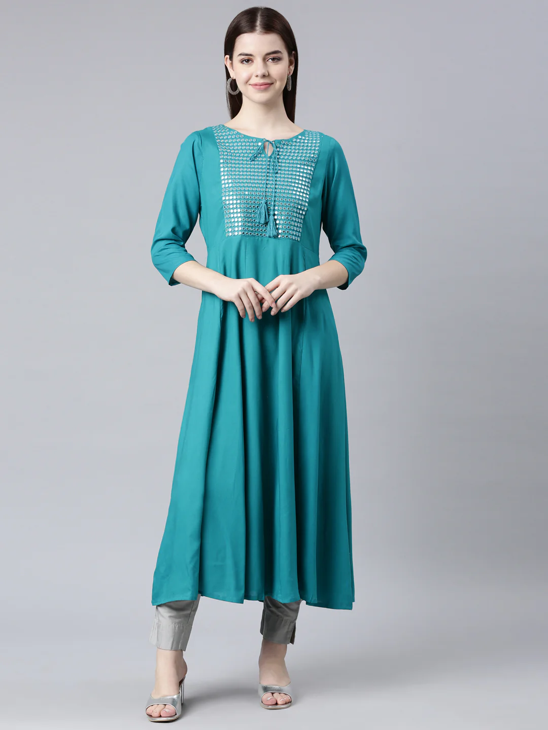 Neerus Green Straight Casual Solid Anarkali Kurta