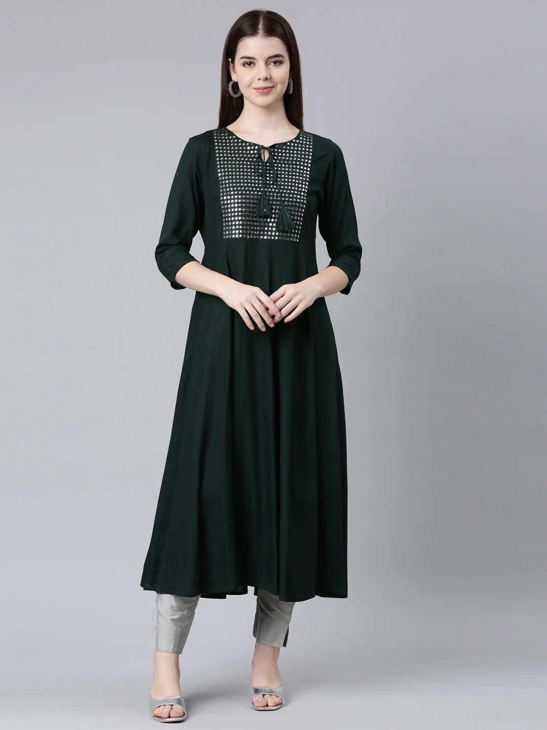 Neerus Green Straight Casual Solid Anarkali Kurta