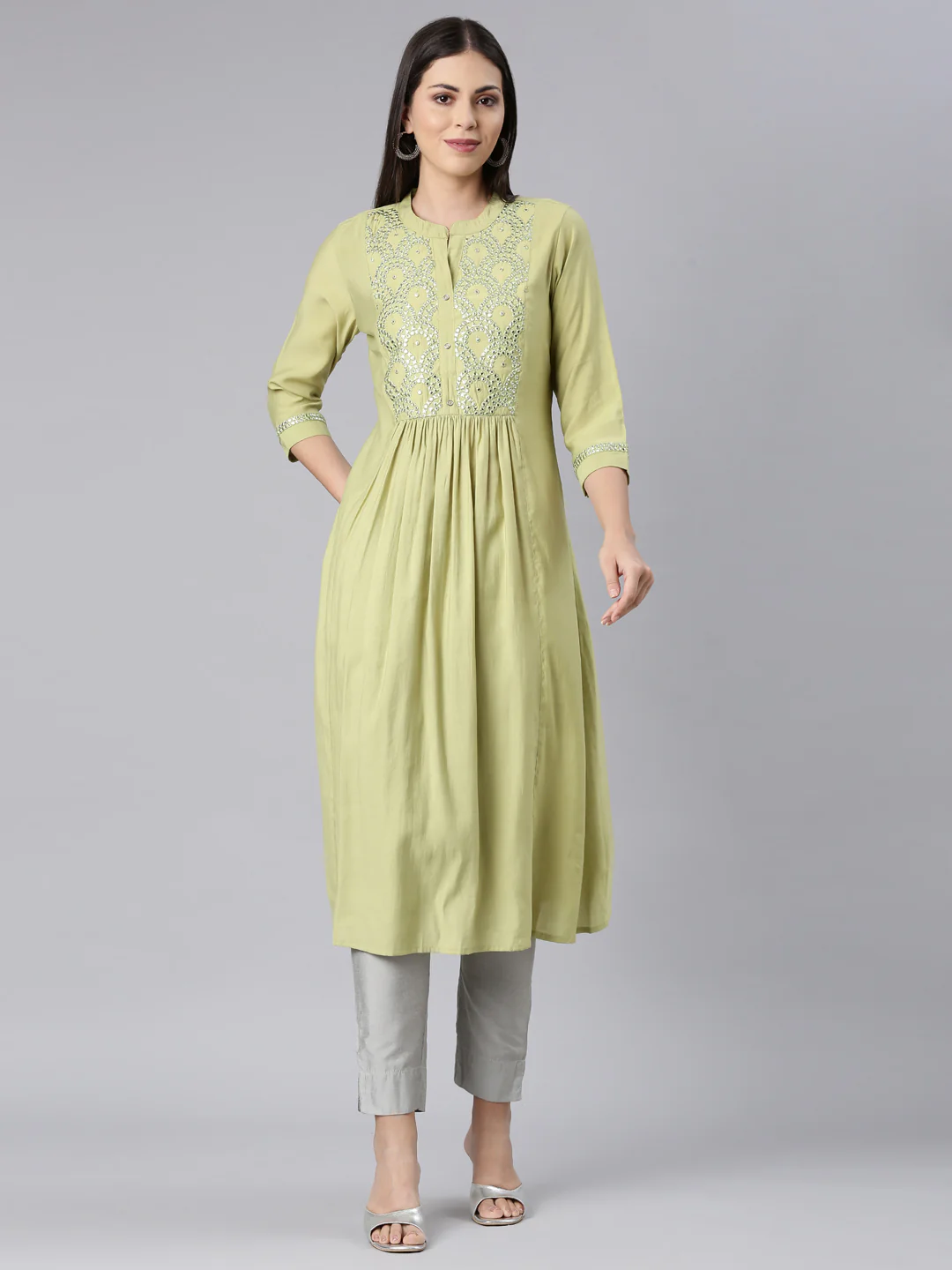 Neerus Green Straight Casual Solid Anarkali Kurta