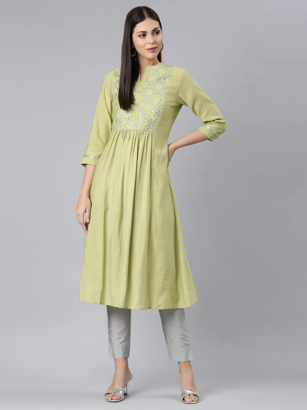 Neerus Green Straight Casual Solid Anarkali Kurta - Image 6