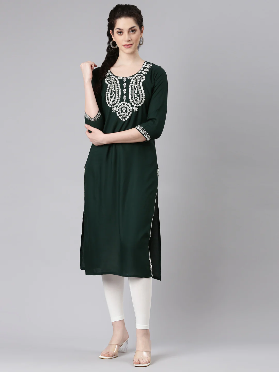 Neerus Green Straight Casual Solid Kurta - Image 5