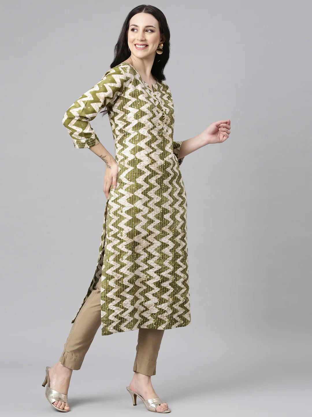 Neerus Green Straight Casual Striped Kurta - Image 2