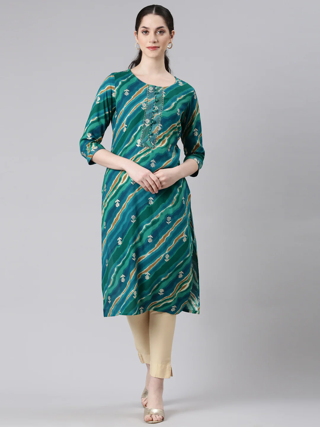 Neerus Green Straight Casual Striped Panelled Kurta