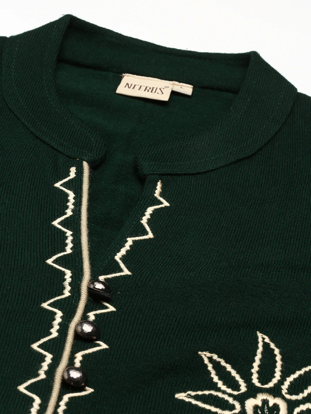 Neerus Green Straight Embroidered Cotton Wool Kurta - Image 6