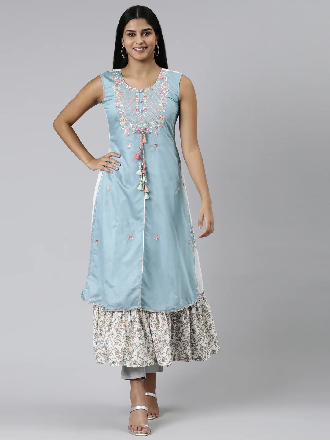 Neerus Green Straight Embroidered Raw Silk Kurta