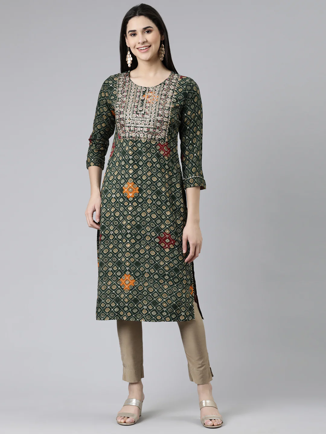 Neerus Green Straight Printed Cotton Kurta