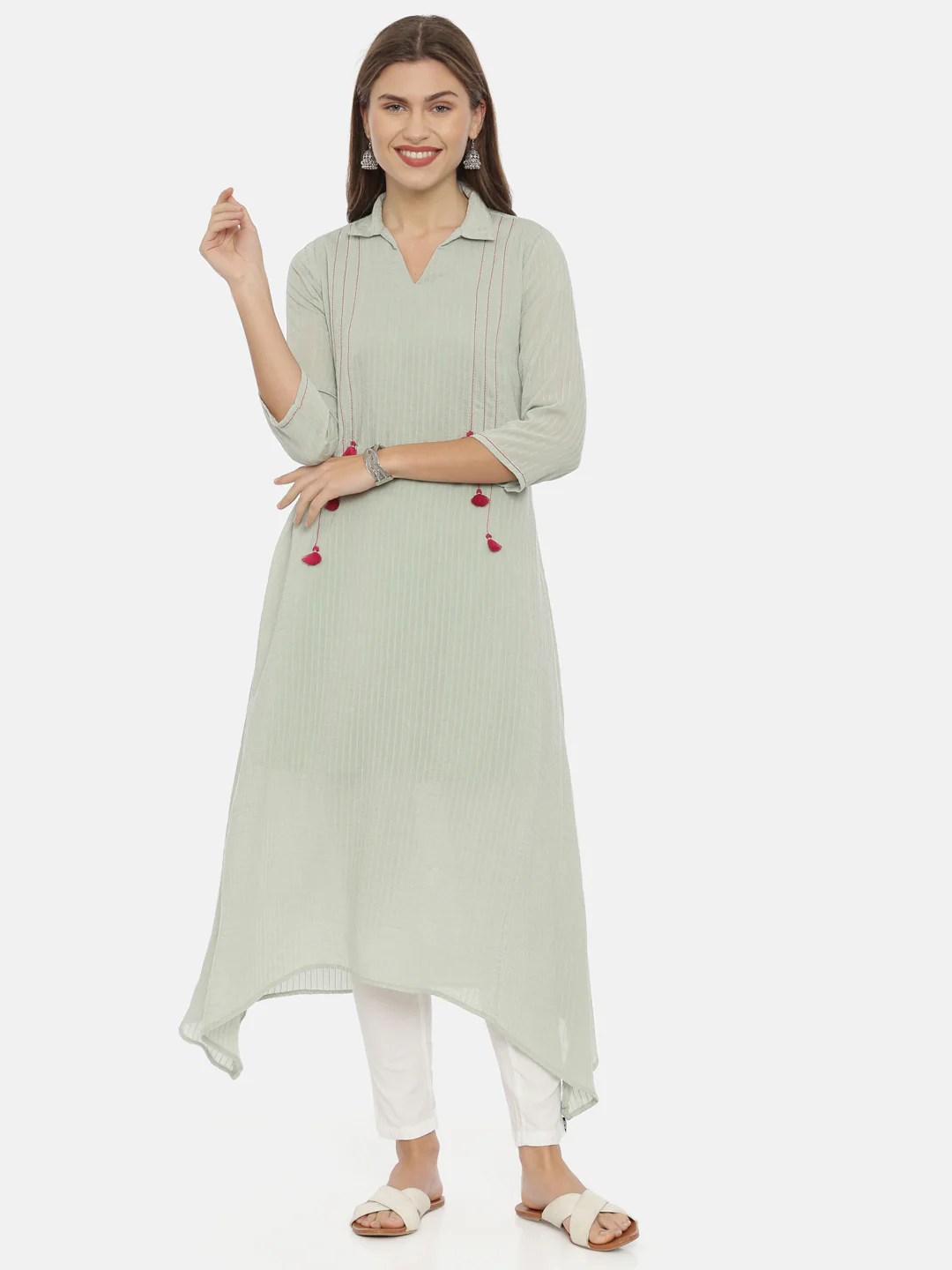 Neerus Green Striped High Low Kurta