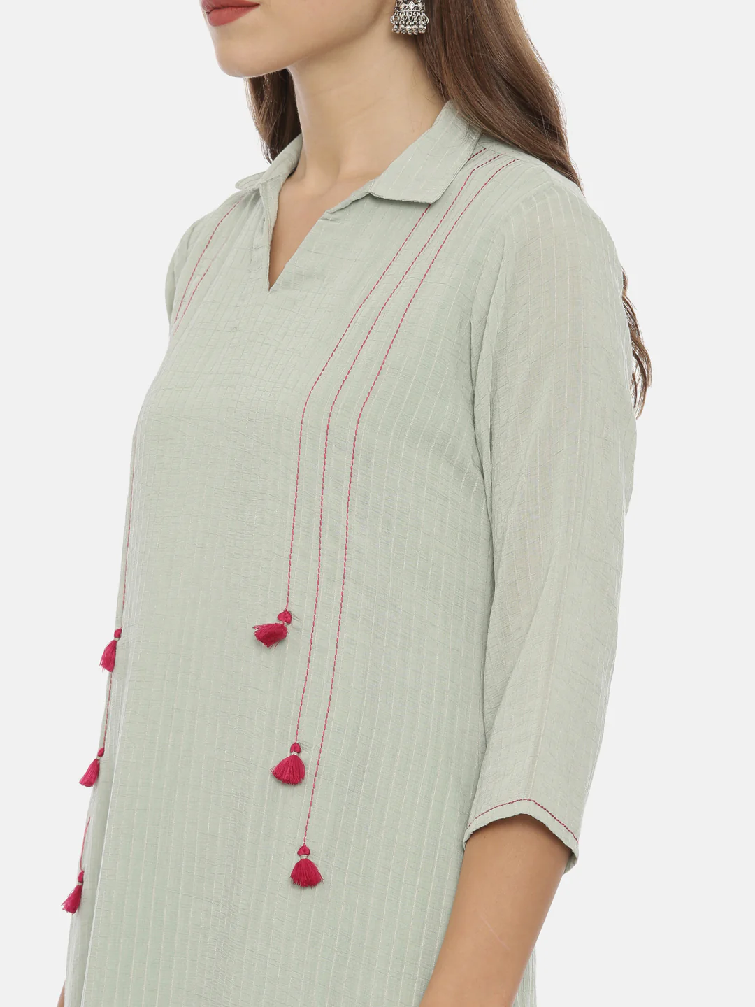 Neerus Green Striped High Low Kurta - Image 2