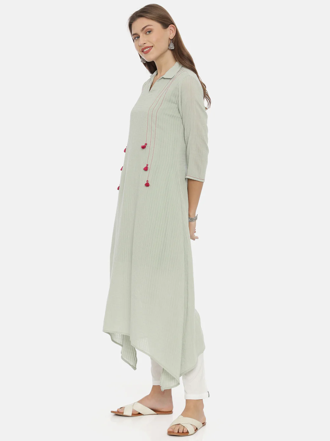 Neerus Green Striped High Low Kurta - Image 3