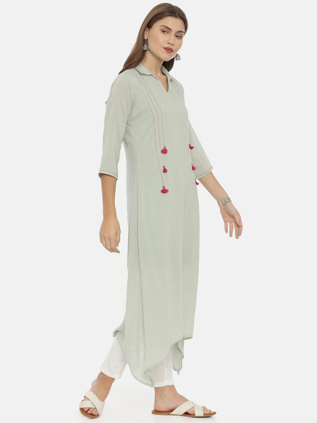 Neerus Green Striped High Low Kurta - Image 4