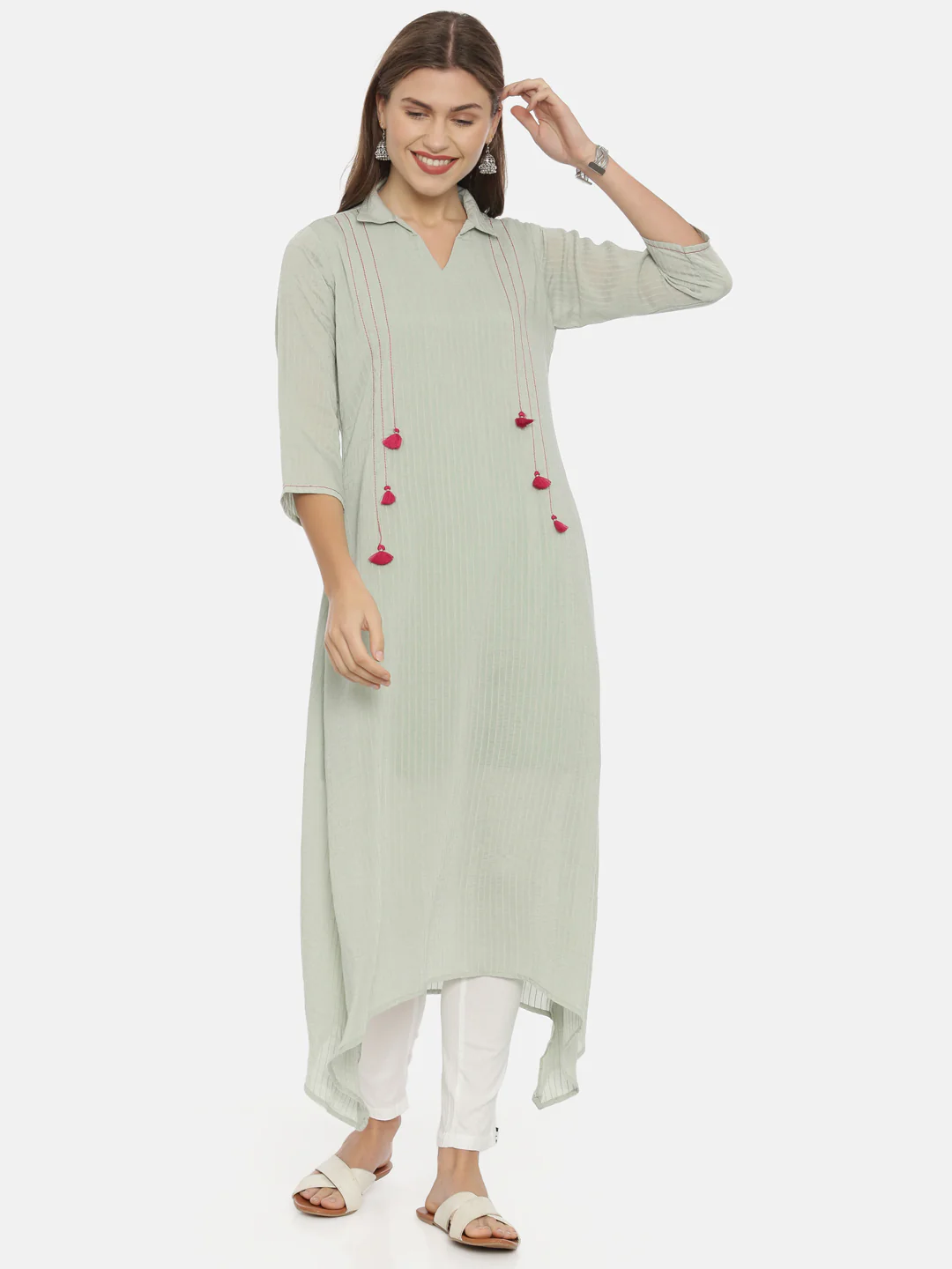 Neerus Green Striped High Low Kurta - Image 6