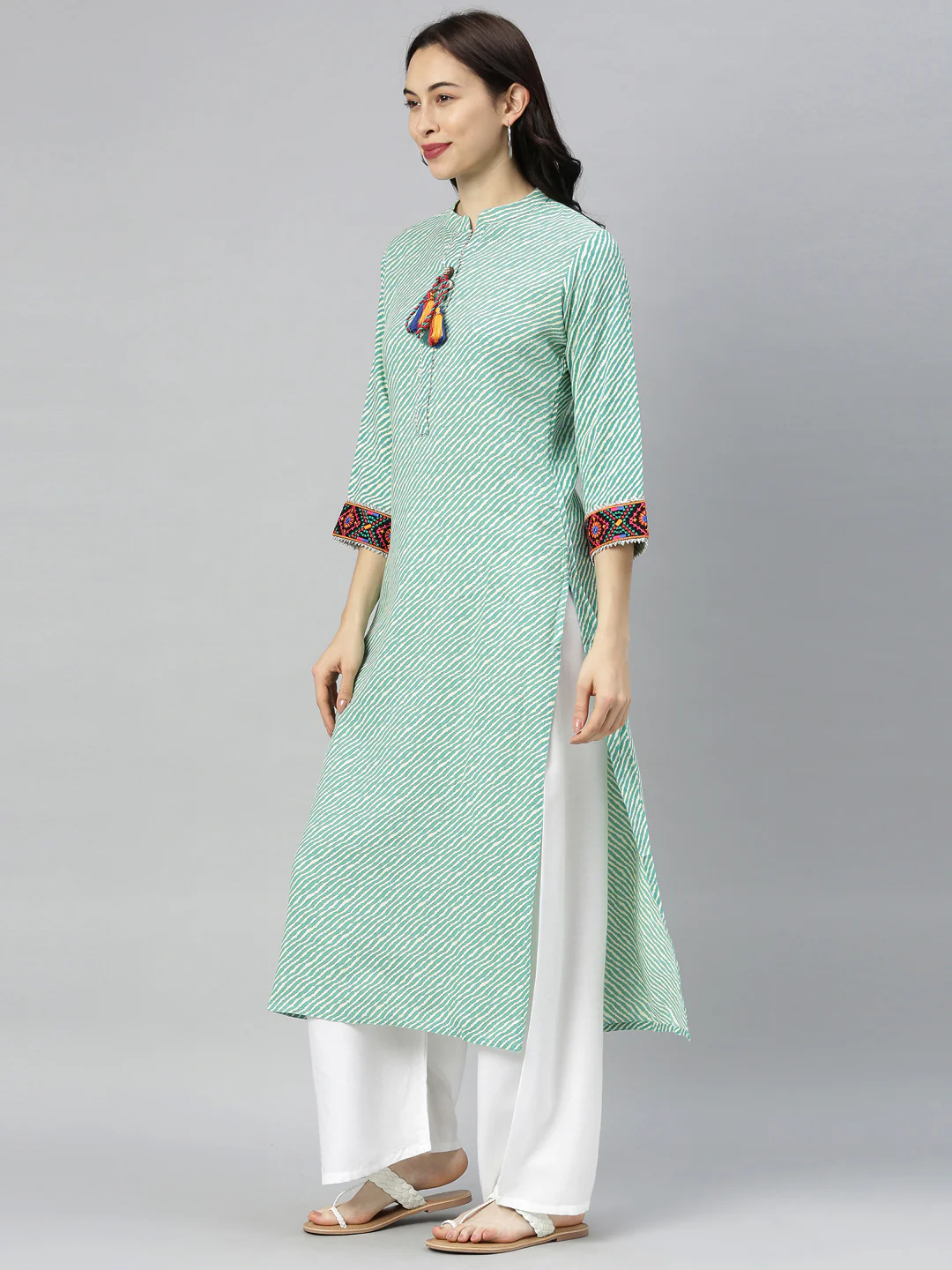 Neerus Green Striped Straight Kurta - Image 5